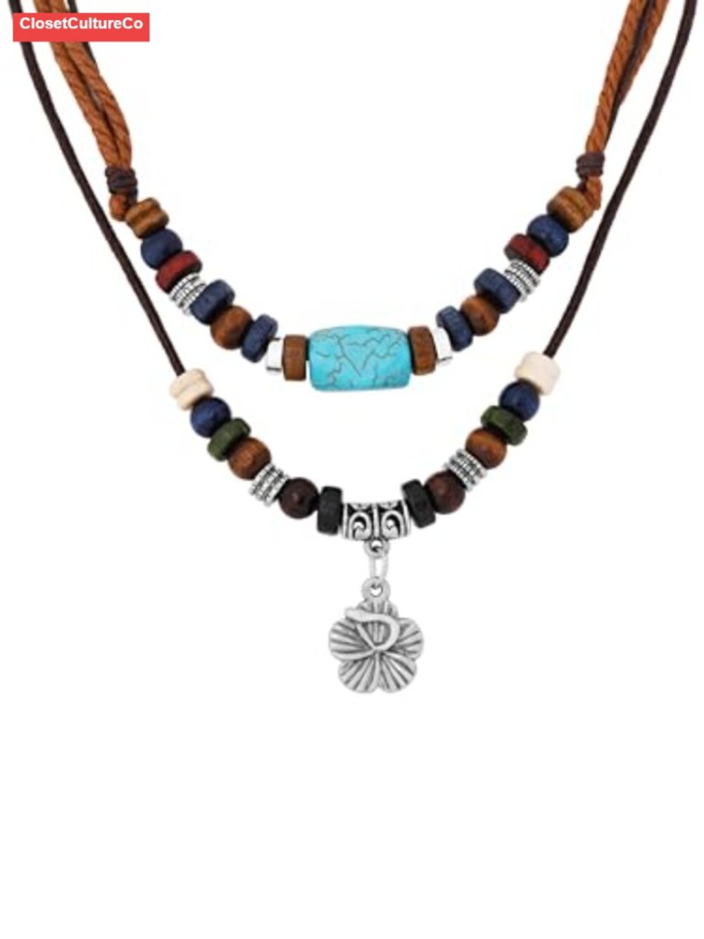 MINACHI Boho Wood Bead Choker Necklace Silver Tone Flower Charm